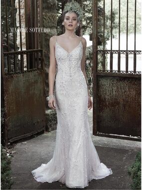 Maggie Sottero Embellished Lace Spaghetti Strap Bridal Gown - Ivory